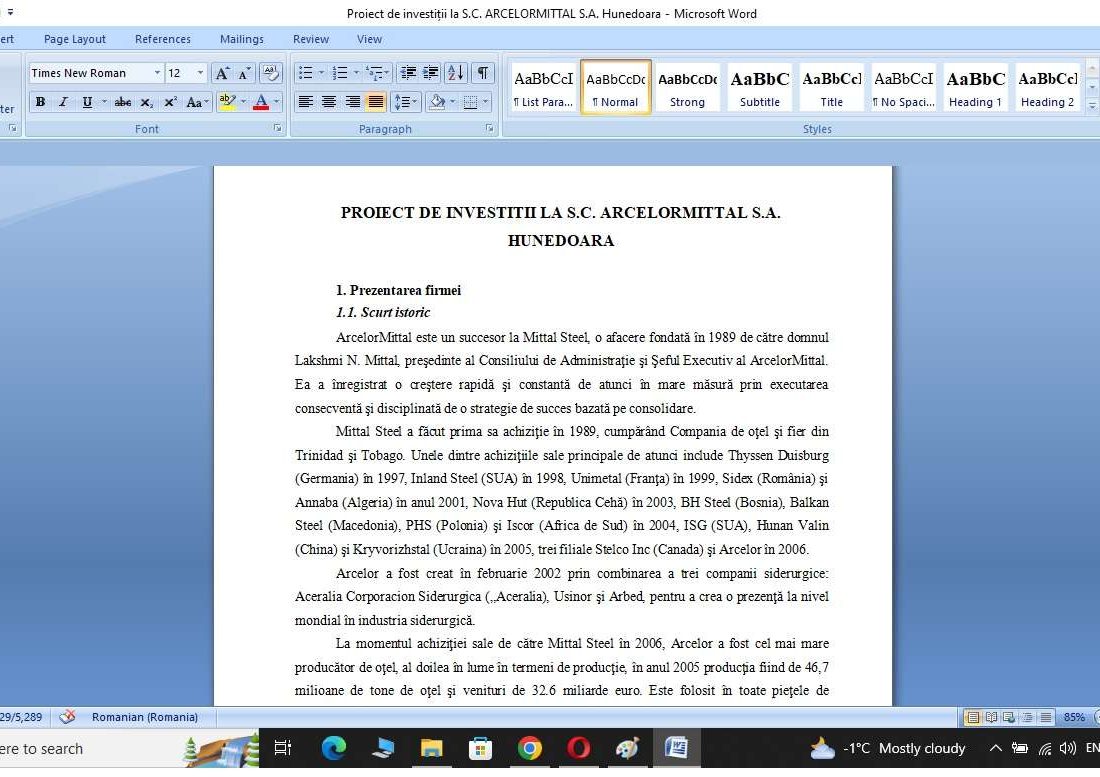 Proiect de investiții la S.C. ARCELORMITTAL S.A. Hunedoara