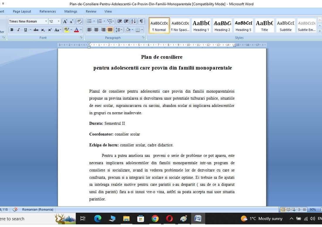 Plan de consiliere pentru adolescentii din familiile monoparentale