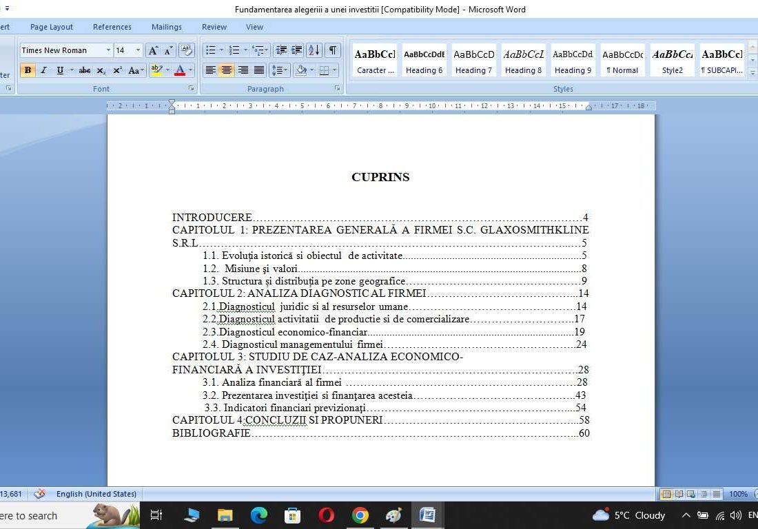 Fundamentarea alegerii unei investitii